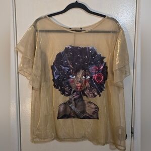 Women's Sheer Gold Top with Artistic Print